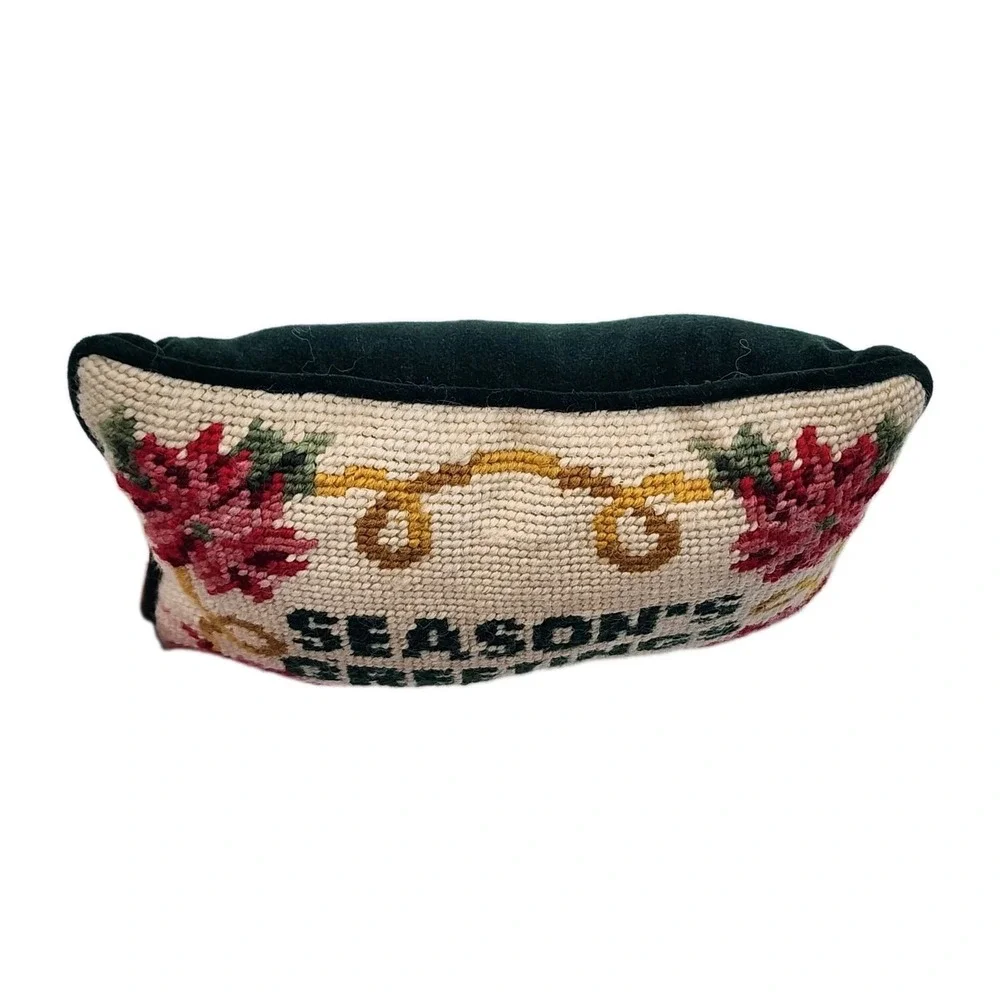 Vintage Seasons Greetings Needlepoint Pillow Christmas Poinsettia Holiday Decor